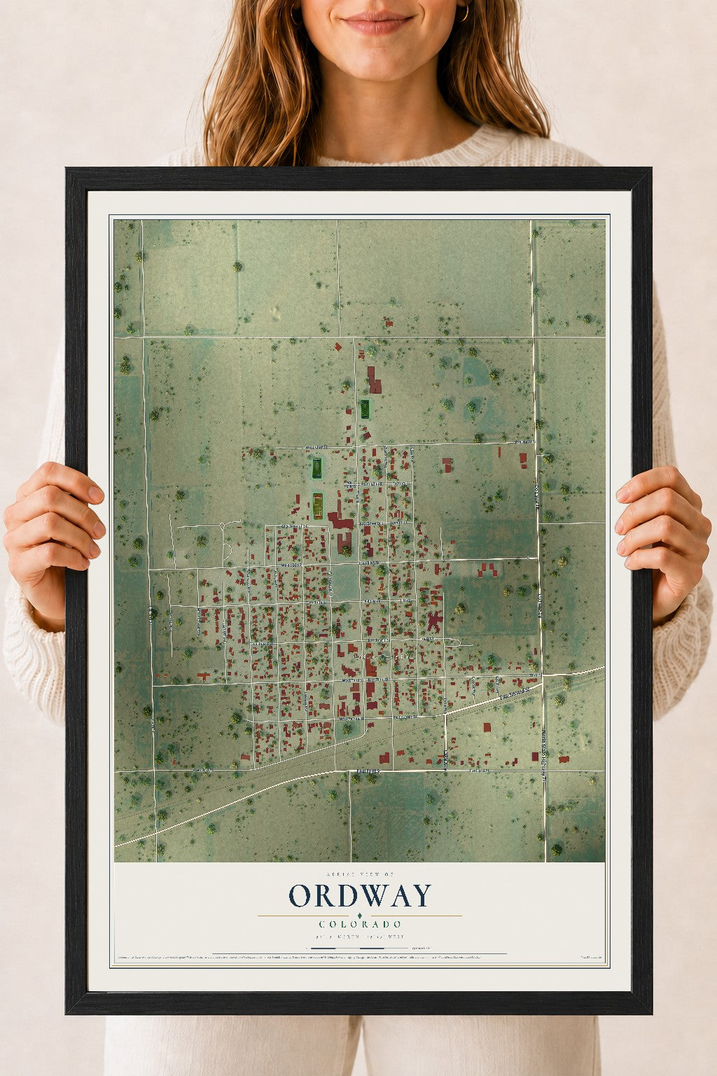 Map of Ordway, Colorado, 18 x 24 inch print in a black wood frame