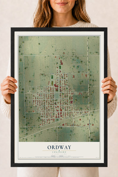 Map of Ordway, Colorado, 18 x 24 inch print in a black wood frame