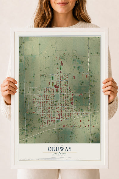 Map of Ordway, Colorado, 18 x 24 inch print in a white wood frame