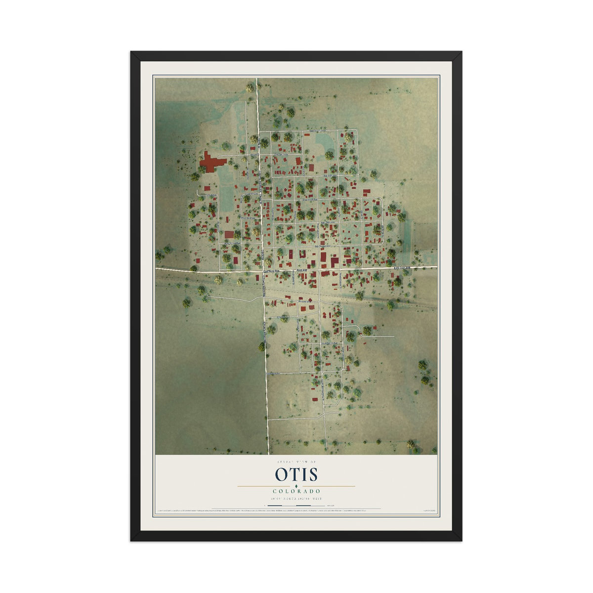 Map of Otis, Colorado, 12 x 18 inch print in a black wood frame