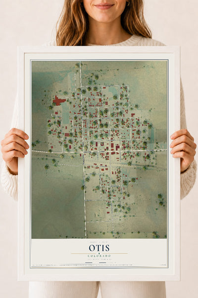 Map of Otis, Colorado, 18 x 24 inch print in a white wood frame