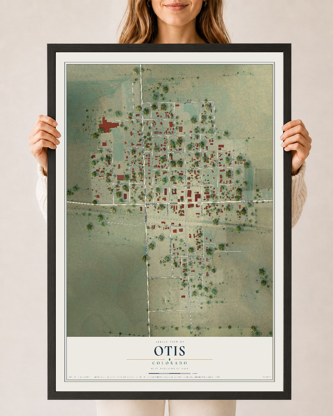 Map of Otis, Colorado, 24 x 36 inch print in a black wood frame
