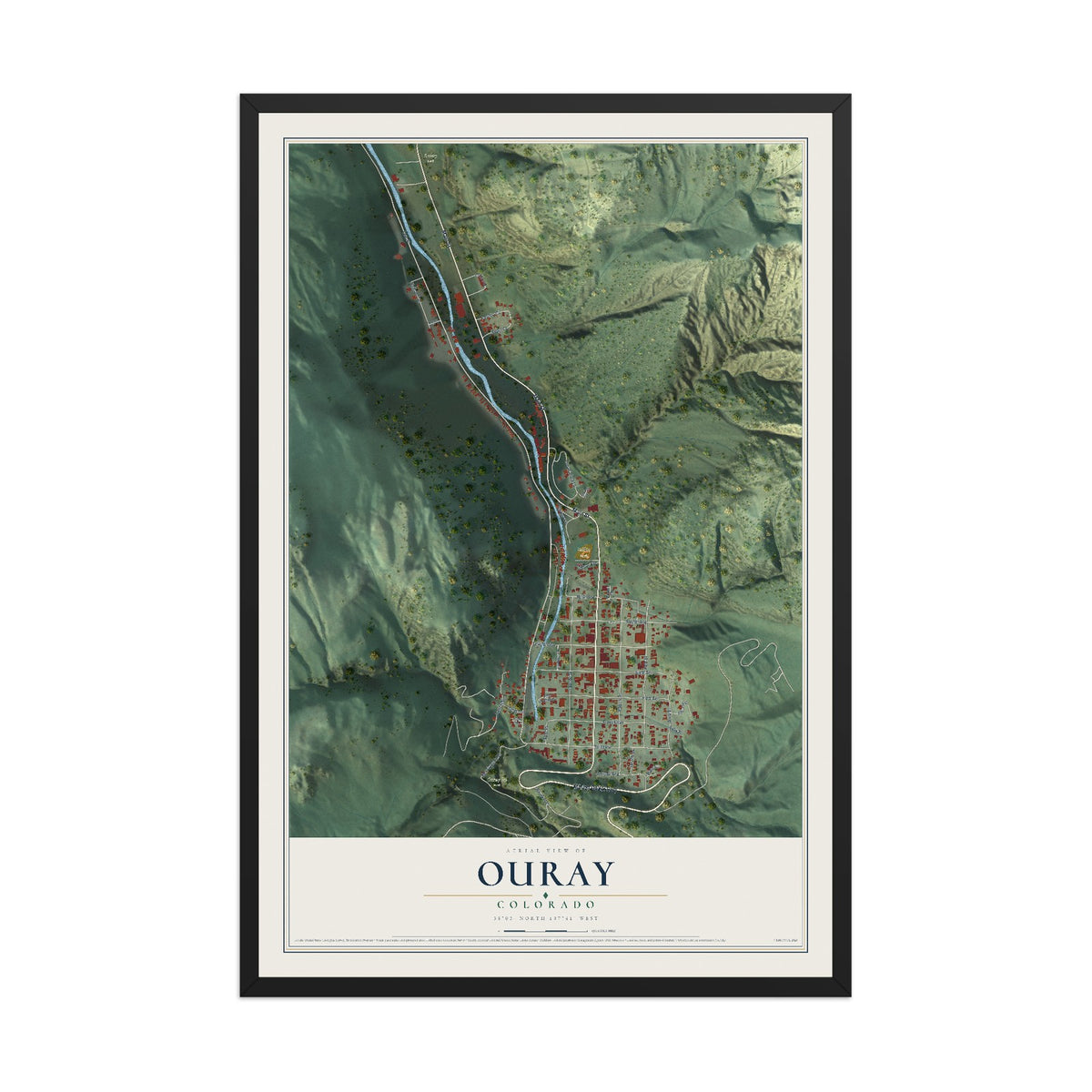 Map of Ouray, Colorado, 12 x 18 inch print in a black wood frame