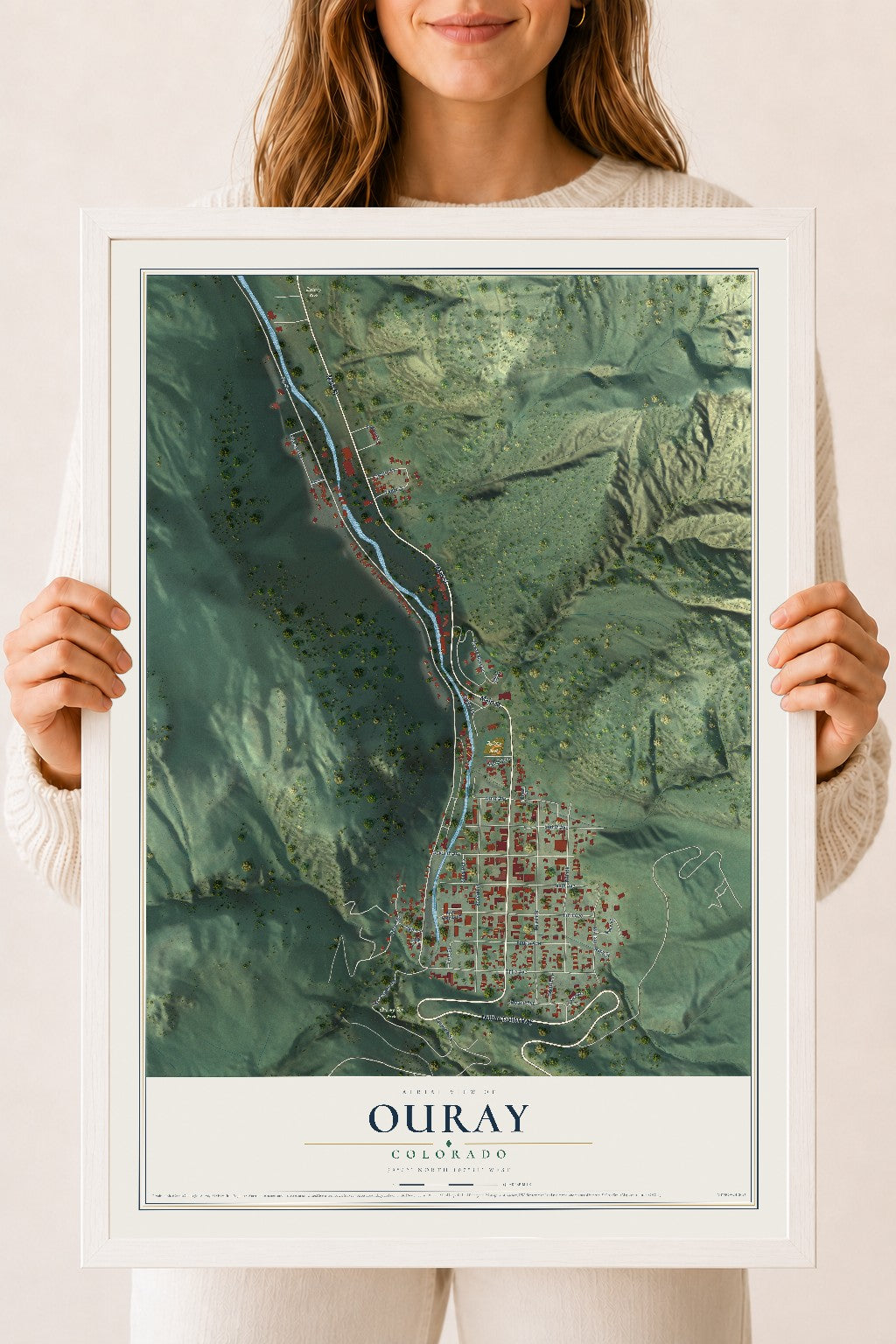 Map of Ouray, Colorado, 18 x 24 inch print in a white wood frame