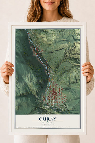 Map of Ouray, Colorado, 18 x 24 inch print in a white wood frame