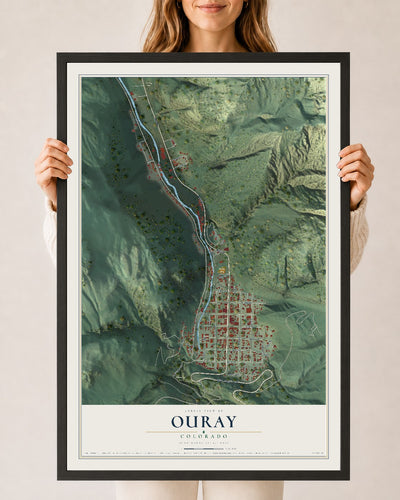 Map of Ouray, Colorado, 24 x 36 inch print in a black wood frame