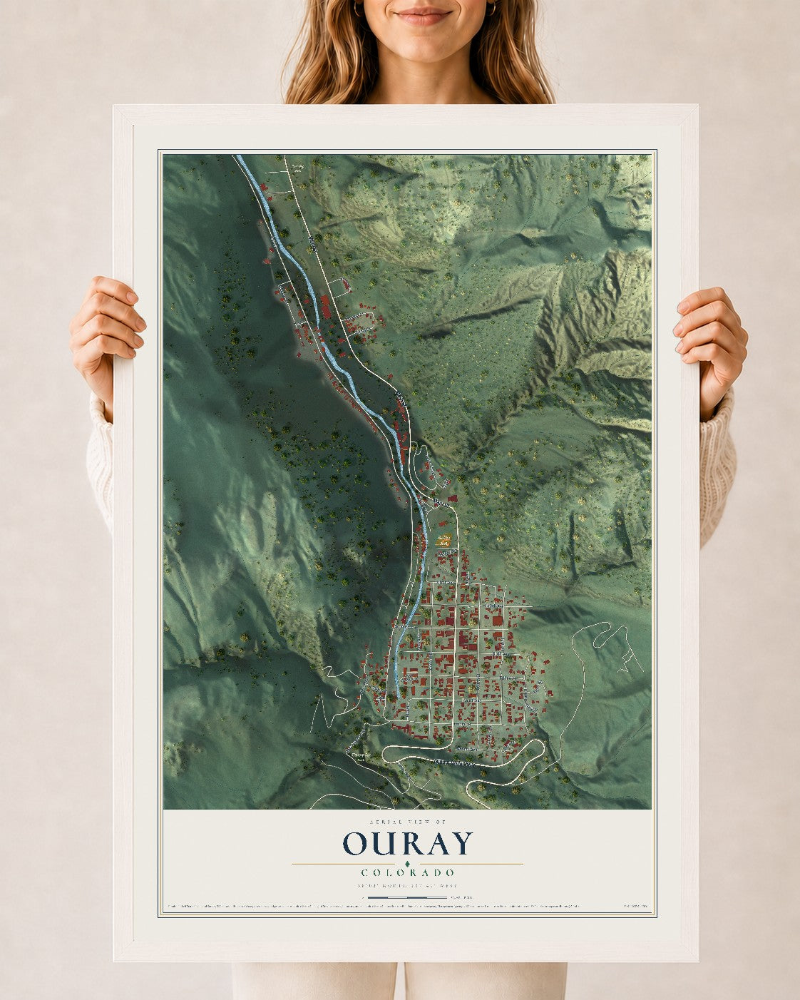 Map of Ouray, Colorado, 24 x 36 inch print in a white wood frame