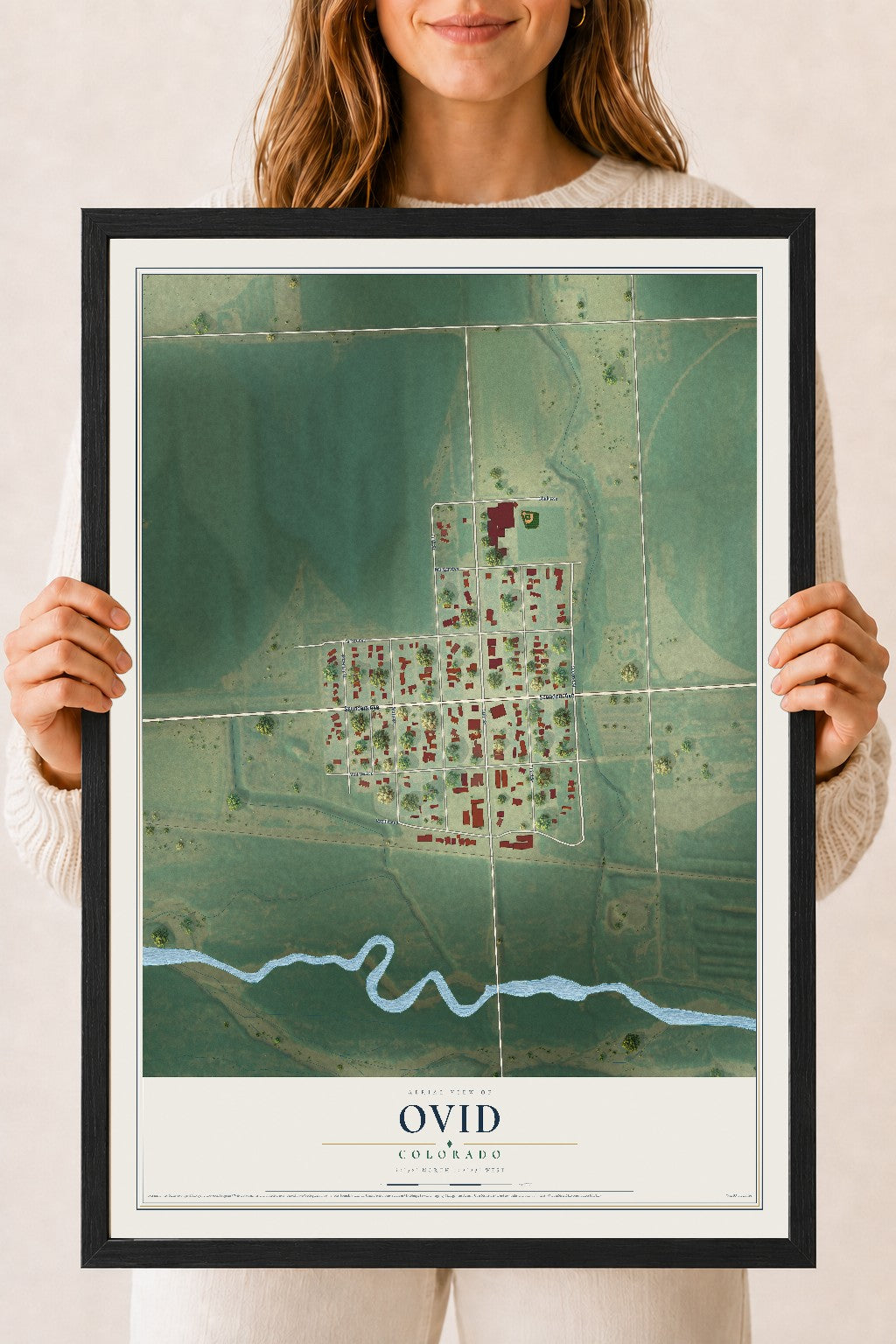 Map of Ovid, Colorado, 18 x 24 inch print in a black wood frame