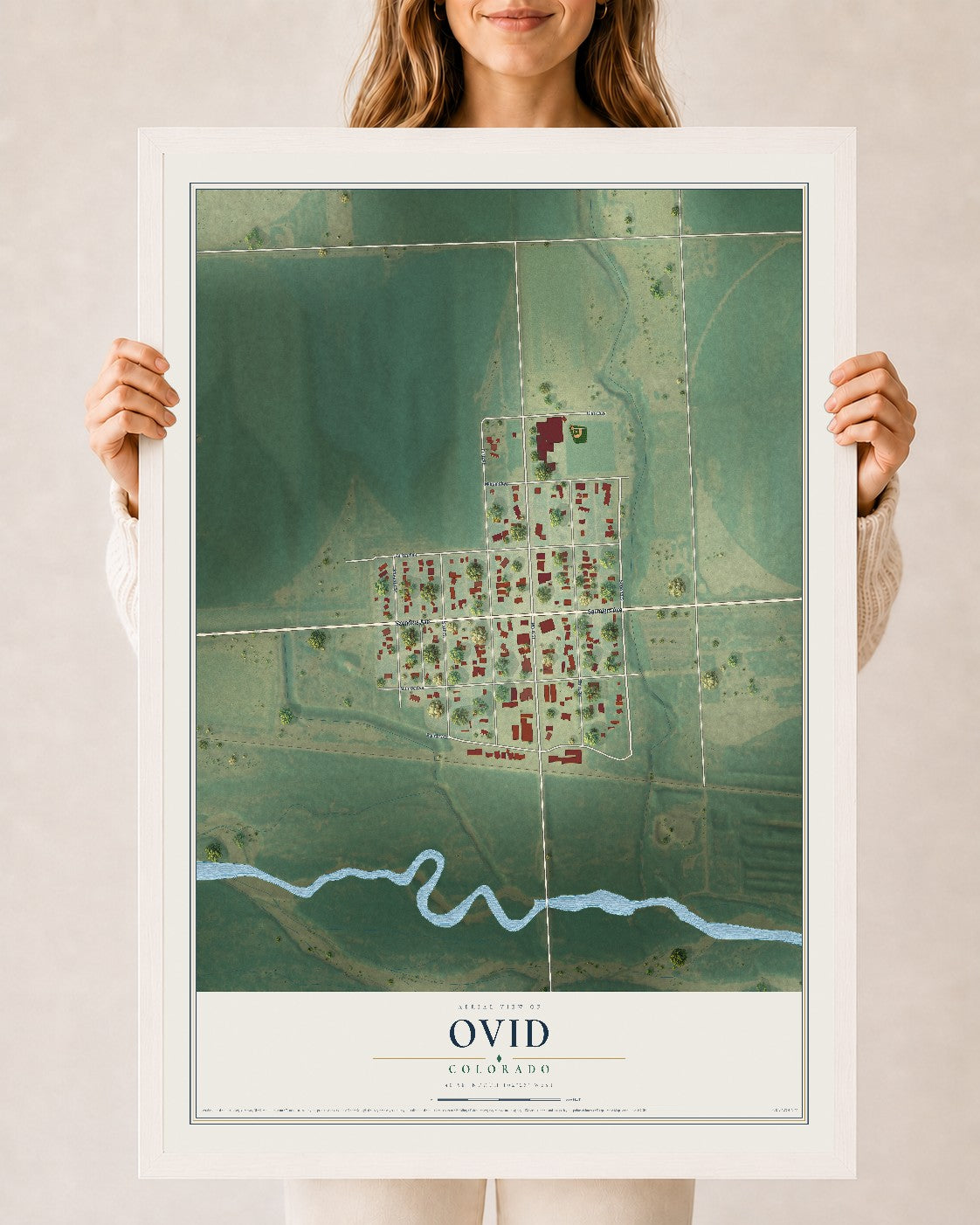 Map of Ovid, Colorado, 24 x 36 inch print in a white wood frame