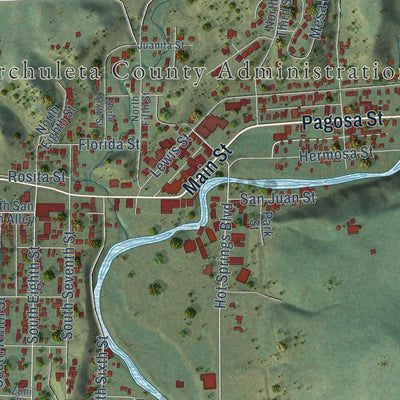 Close-up of the map of Pagosa Springs, Colorado print showing street and building detail