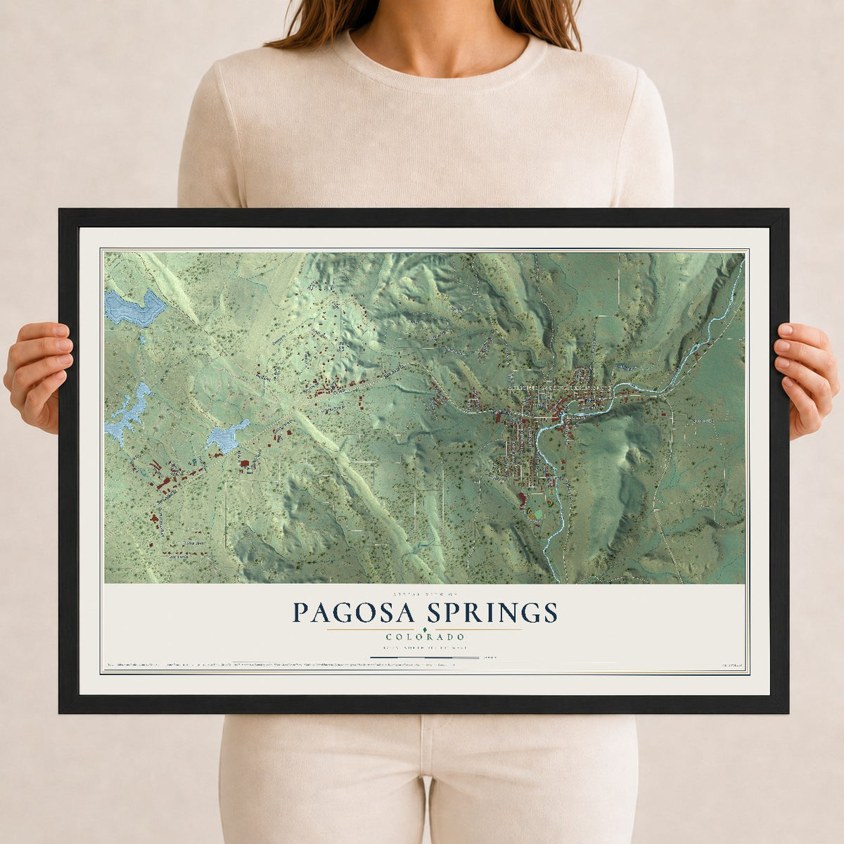Map of Pagosa Springs, Colorado, 12 x 18 inch print in a black wood frame
