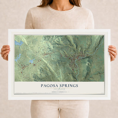 Map of Pagosa Springs, Colorado, 12 x 18 inch print in a white wood frame