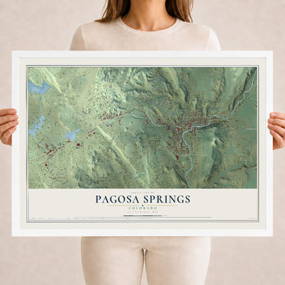 Map of Pagosa Springs, Colorado, 18 x 24 inch print in a white wood frame