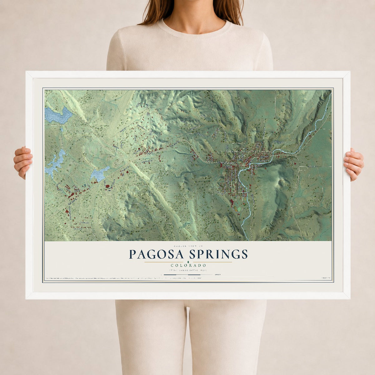 Map of Pagosa Springs, Colorado, 24 x 36 inch print in a white wood frame