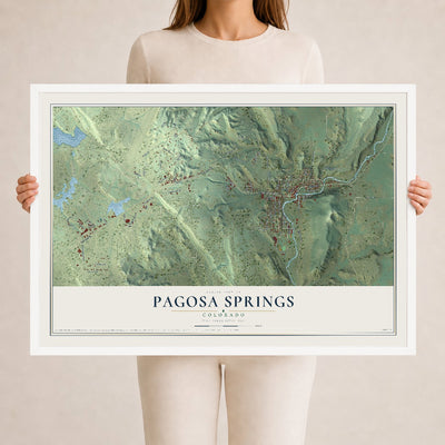 Map of Pagosa Springs, Colorado, 24 x 36 inch print in a white wood frame