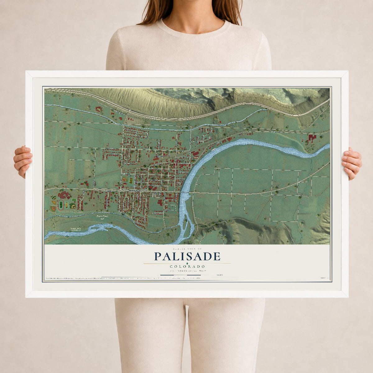 Map of Palisade, Colorado, 24 x 36 inch print in a white wood frame