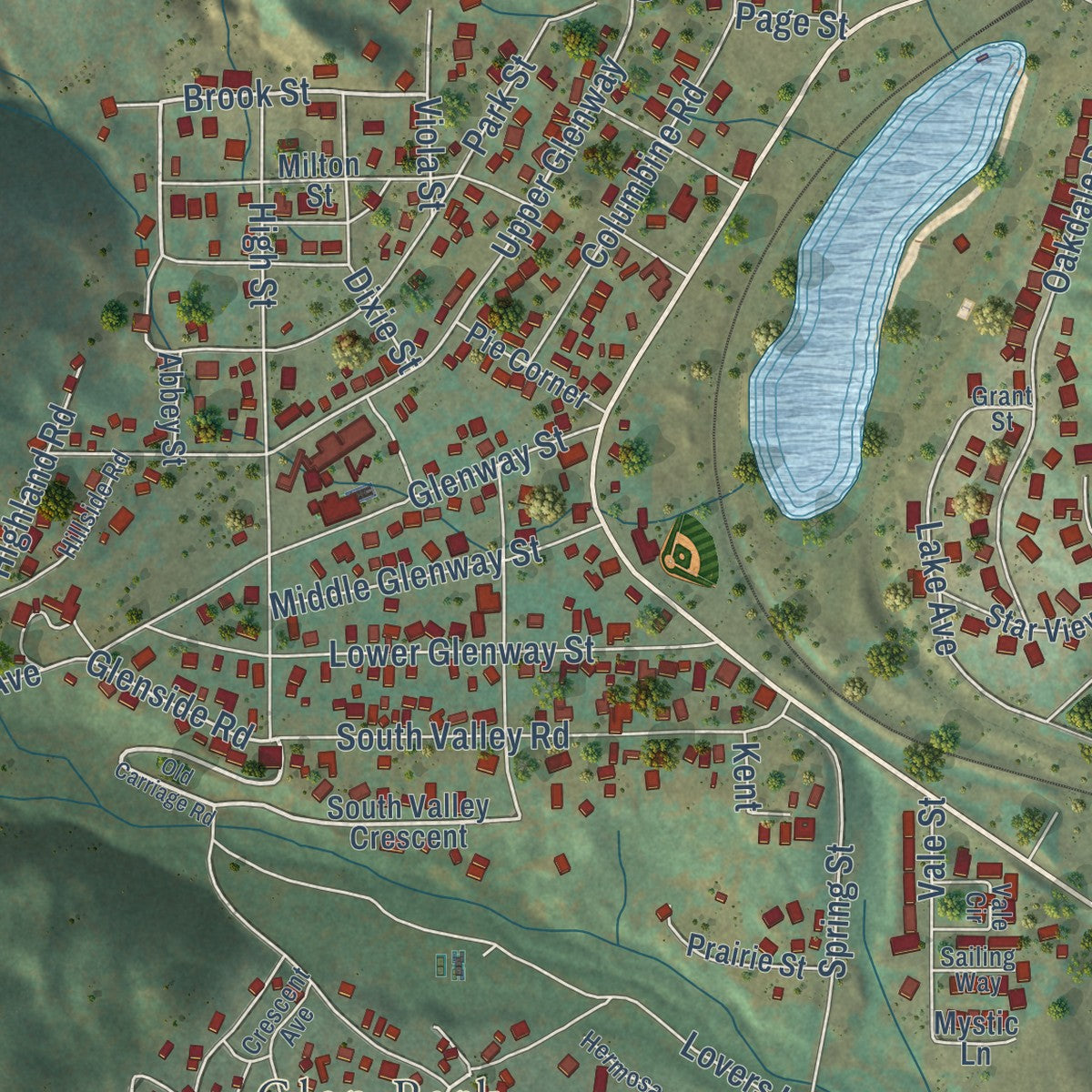 Close-up of the map of Palmer Lake, Colorado print showing street and building detail