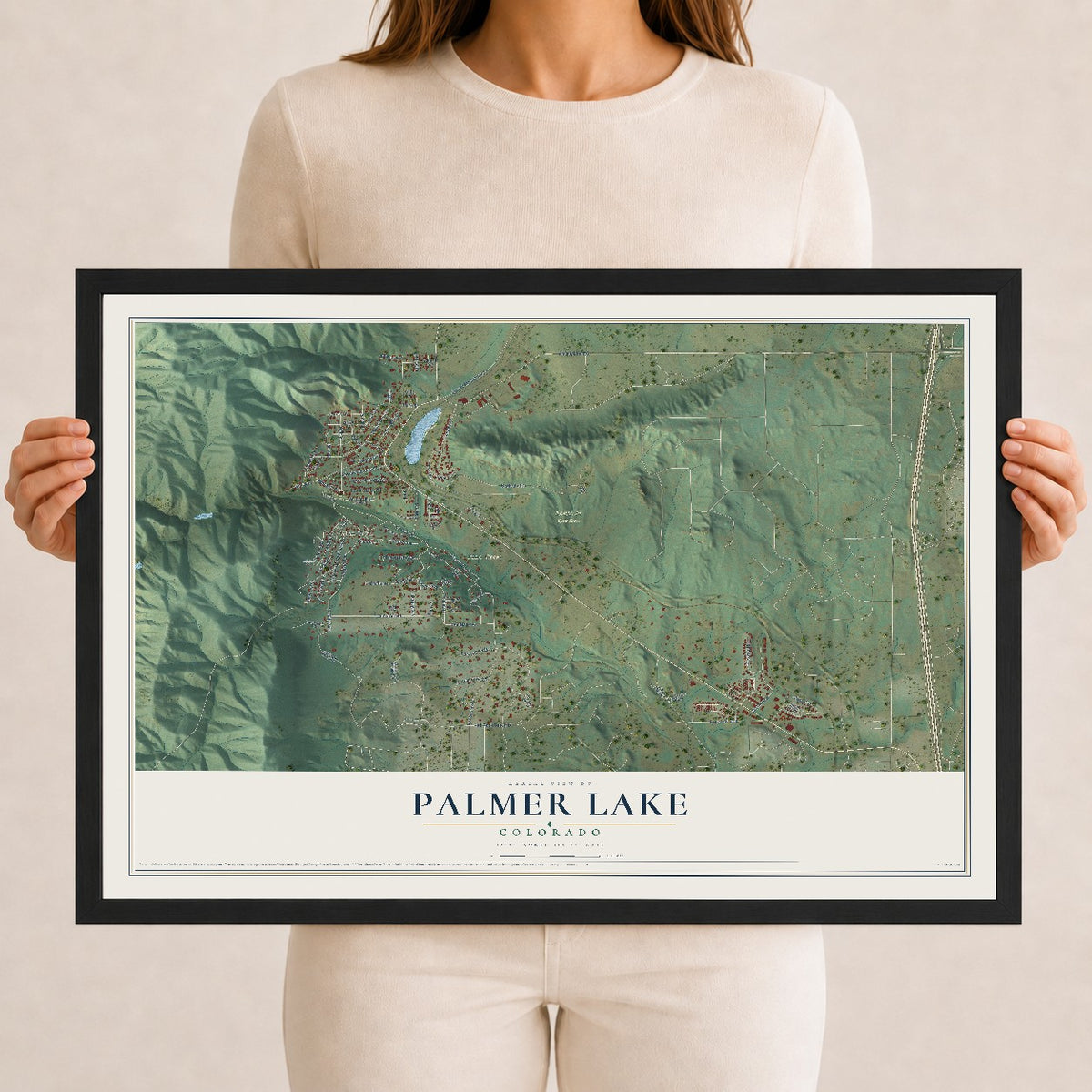 Map of Palmer Lake, Colorado, 12 x 18 inch print in a black wood frame