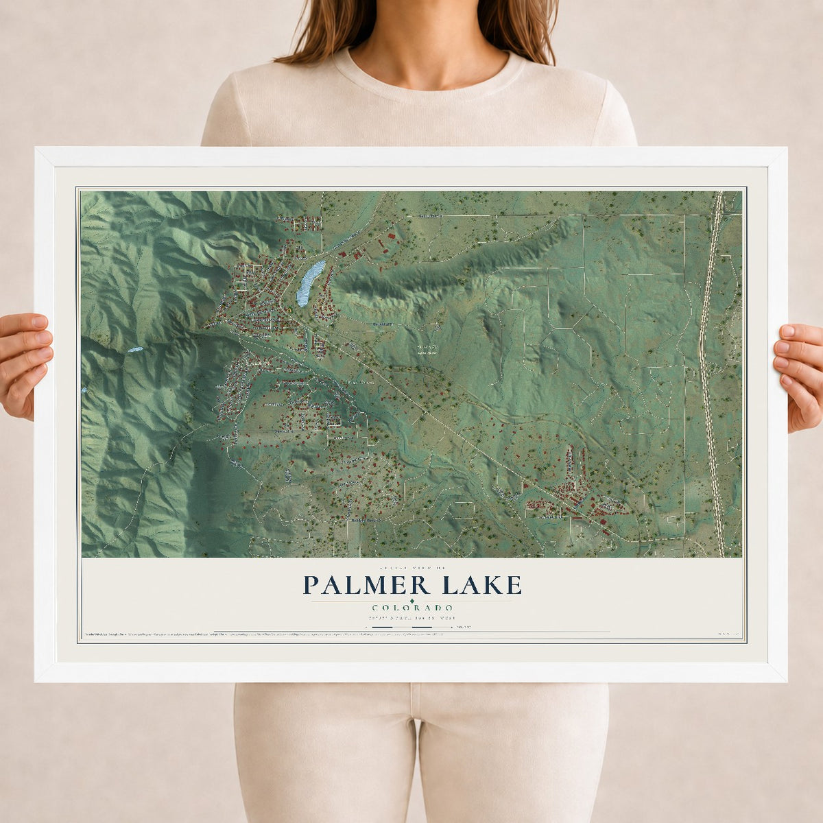 Map of Palmer Lake, Colorado, 18 x 24 inch print in a white wood frame