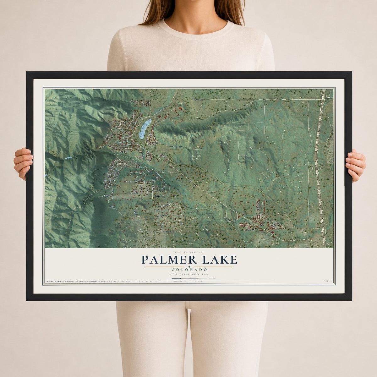 Map of Palmer Lake, Colorado, 24 x 36 inch print in a black wood frame