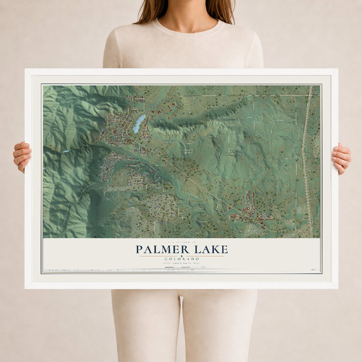 Map of Palmer Lake, Colorado, 24 x 36 inch print in a white wood frame