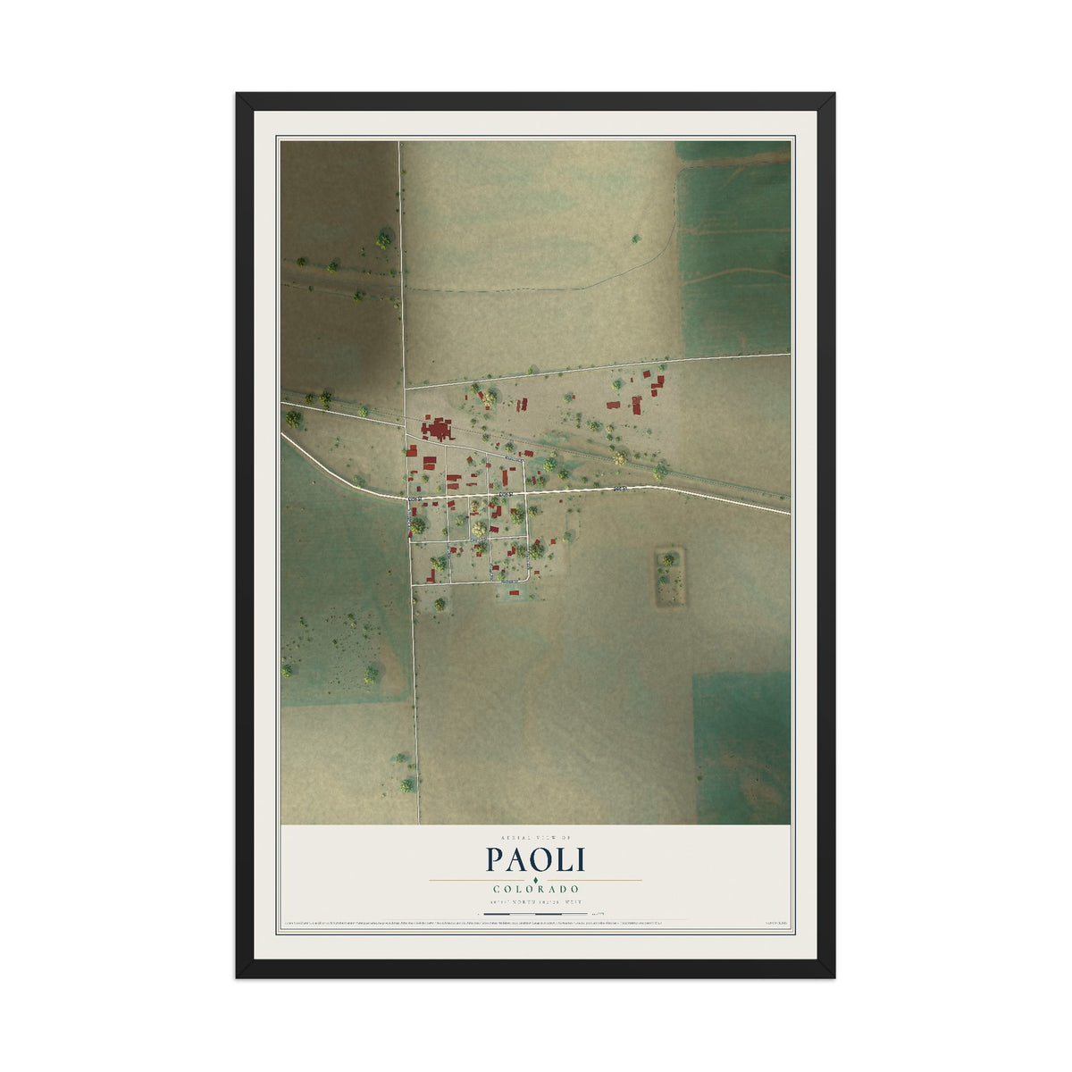 Map of Paoli, Colorado, 12 x 18 inch print in a black wood frame