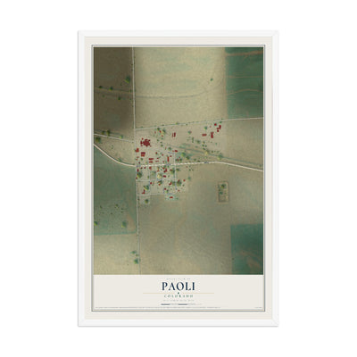 Map of Paoli, Colorado, 12 x 18 inch print in a white wood frame