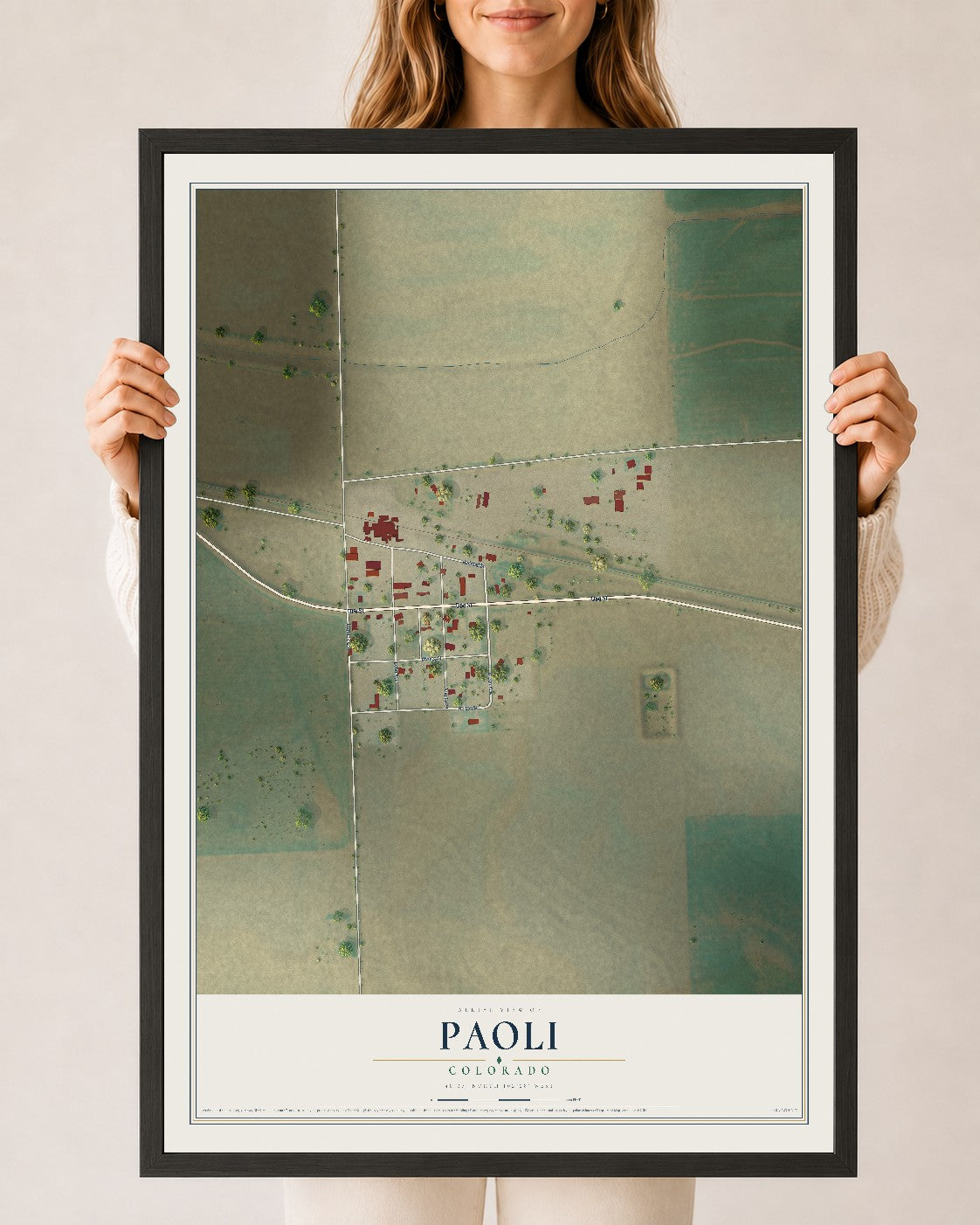 Map of Paoli, Colorado, 24 x 36 inch print in a black wood frame