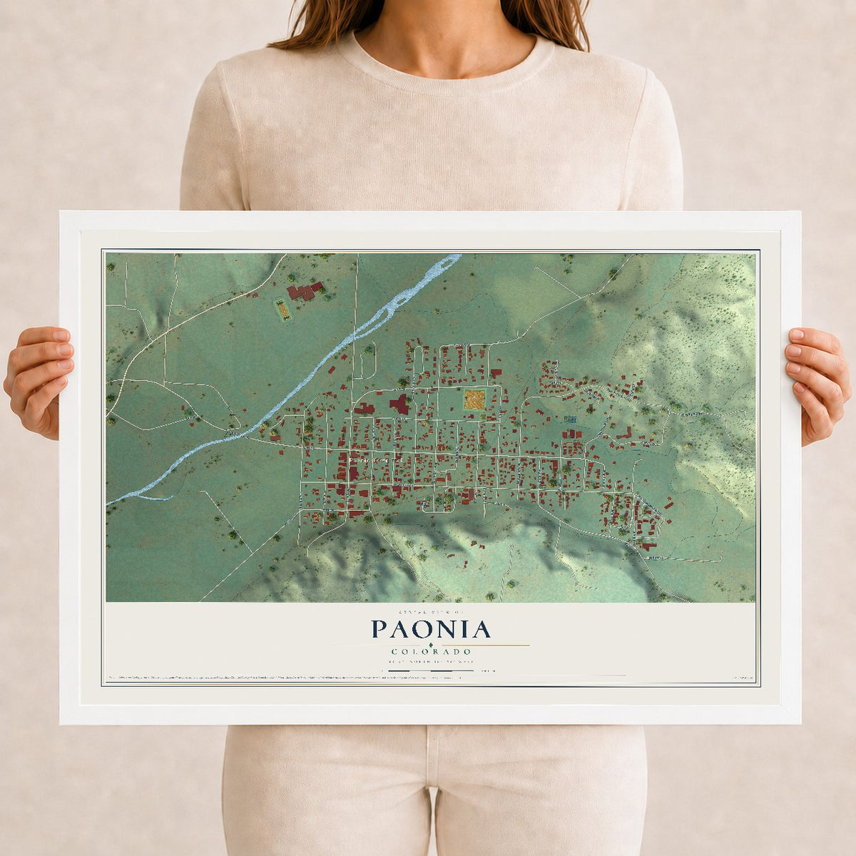 Map of Paonia, Colorado, 12 x 18 inch print in a white wood frame