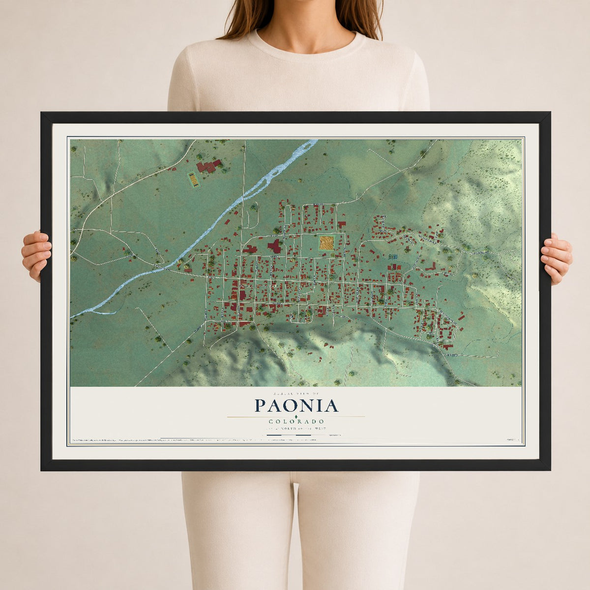 Map of Paonia, Colorado, 24 x 36 inch print in a black wood frame