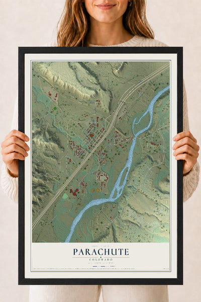 Map of Parachute, Colorado, 18 x 24 inch print in a black wood frame