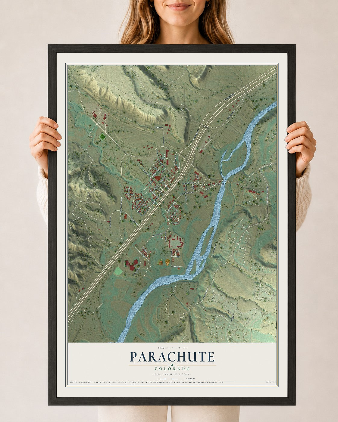 Map of Parachute, Colorado, 24 x 36 inch print in a black wood frame