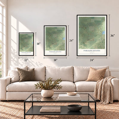 Paragon Estates, Colorado map in 12 x 18, 18 x 24 and 24 x 36 inch sizes above a sofa