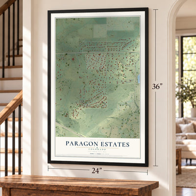 Paragon Estates, Colorado map, 24 x 36 inch print in a black frame by a staircase