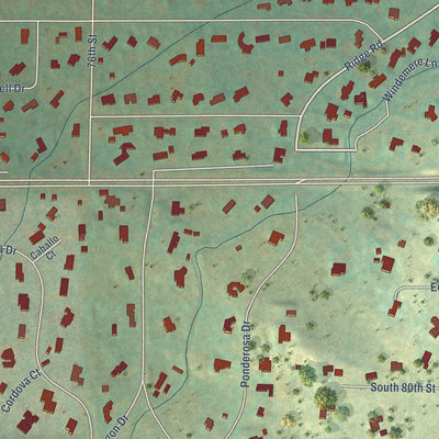 Close-up of the map of Paragon Estates, Colorado print showing street and building detail