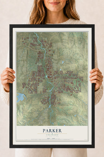 Map of Parker, Colorado, 18 x 24 inch print in a black wood frame