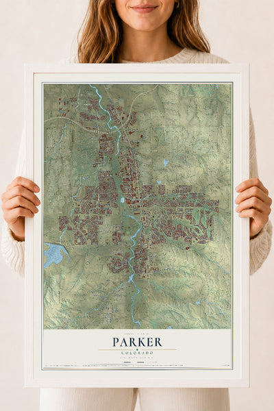 Map of Parker, Colorado, 18 x 24 inch print in a white wood frame