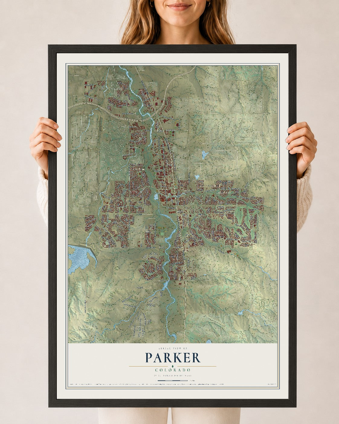 Map of Parker, Colorado, 24 x 36 inch print in a black wood frame