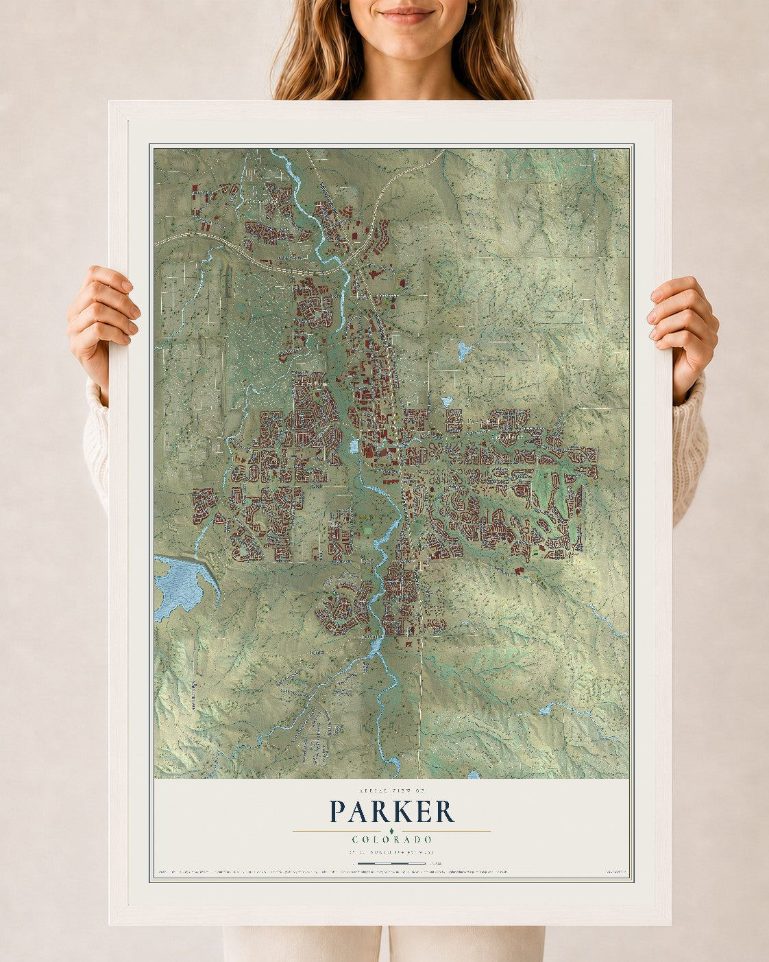 Map of Parker, Colorado, 24 x 36 inch print in a white wood frame