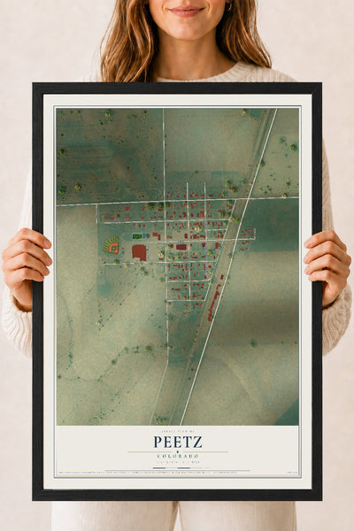 Map of Peetz, Colorado, 18 x 24 inch print in a black wood frame