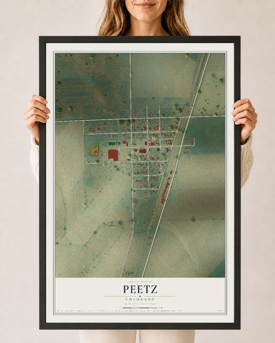 Map of Peetz, Colorado, 24 x 36 inch print in a black wood frame