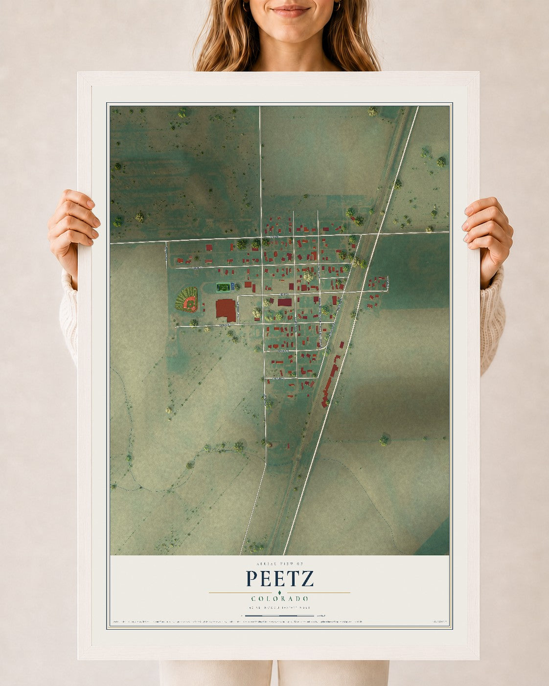 Map of Peetz, Colorado, 24 x 36 inch print in a white wood frame