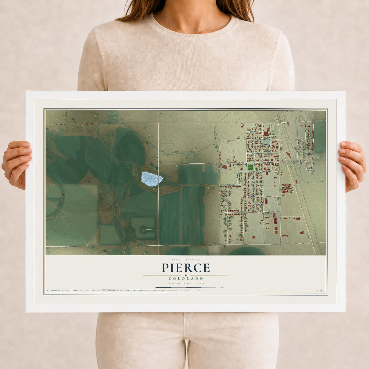 Map of Pierce, Colorado, 12 x 18 inch print in a white wood frame