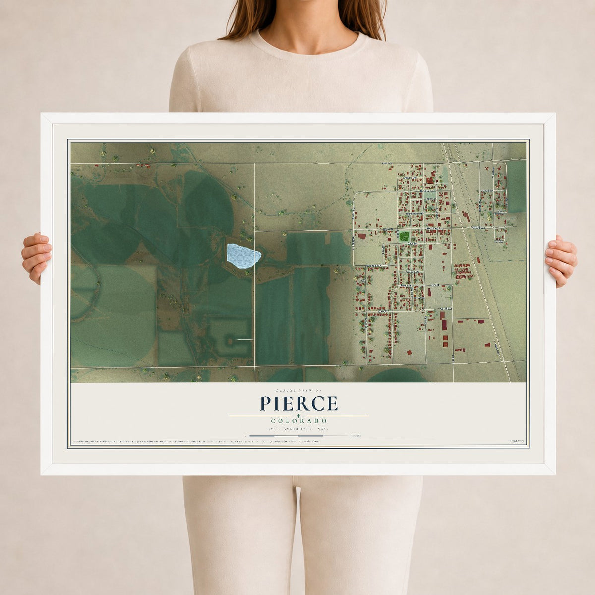 Map of Pierce, Colorado, 24 x 36 inch print in a white wood frame