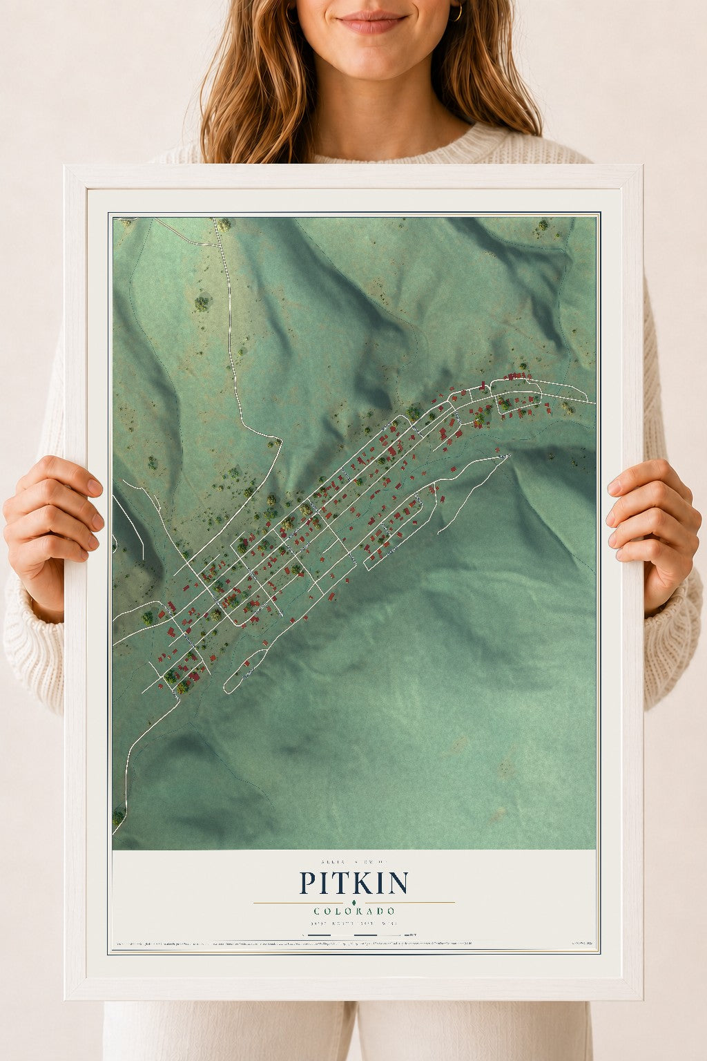 Map of Pitkin, Colorado, 18 x 24 inch print in a white wood frame
