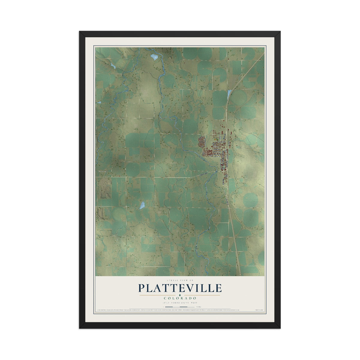 Map of Platteville, Colorado, 12 x 18 inch print in a black wood frame
