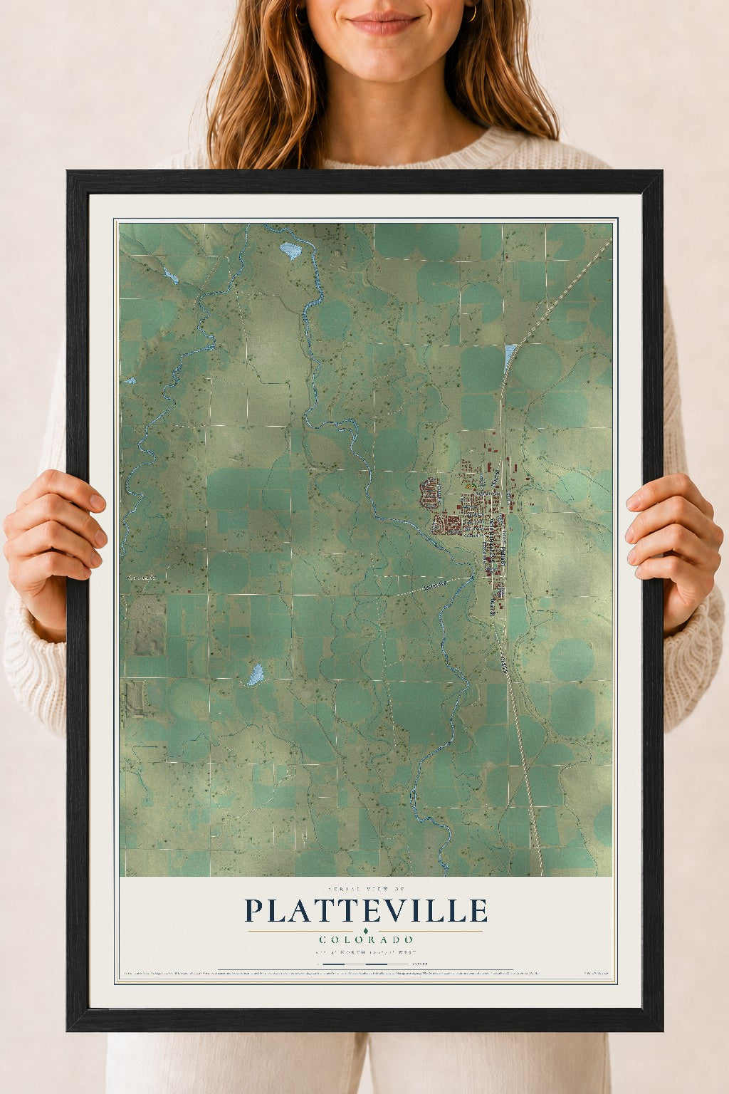 Map of Platteville, Colorado, 18 x 24 inch print in a black wood frame