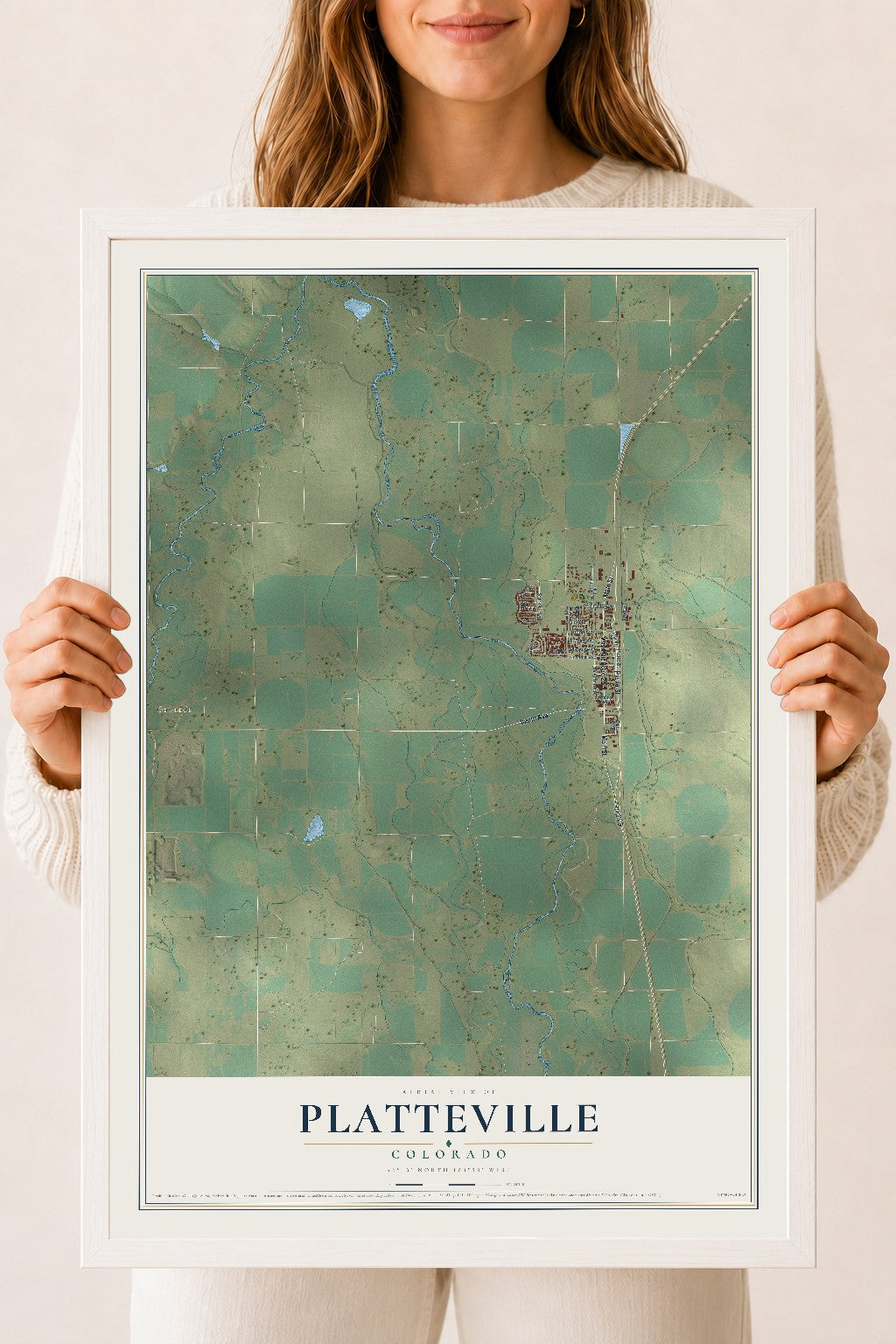Map of Platteville, Colorado, 18 x 24 inch print in a white wood frame