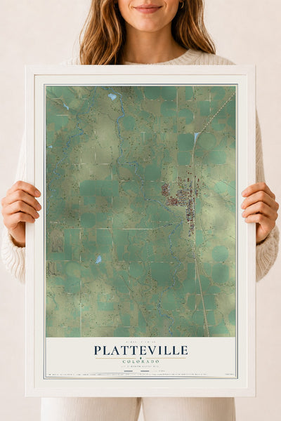 Map of Platteville, Colorado, 18 x 24 inch print in a white wood frame