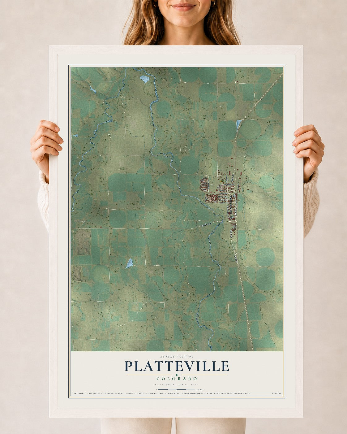 Map of Platteville, Colorado, 24 x 36 inch print in a white wood frame